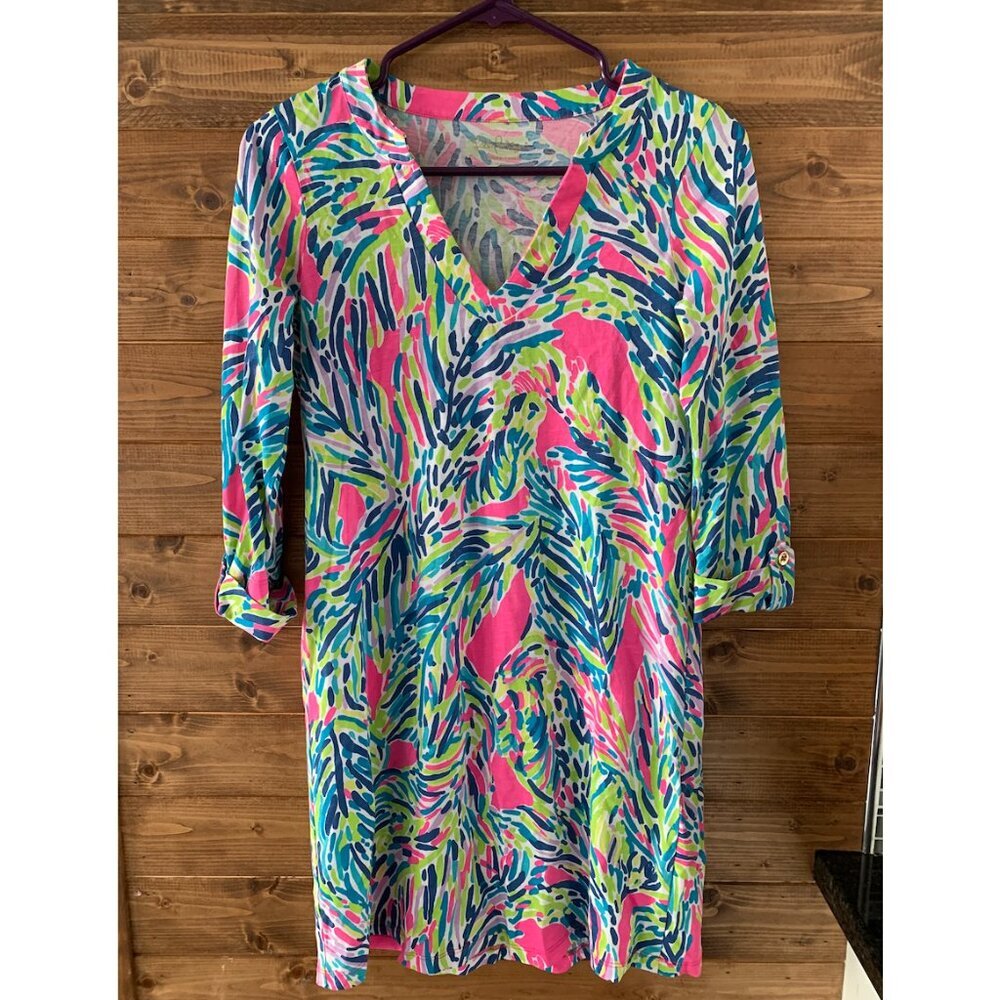 Rossmore Split Neck Dress Indigo Palm Reader Lilly Pulitzer
